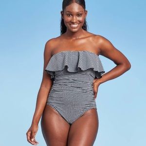 Kona Sol Navy Blue & White Plaid Gingham Bandeau Flounce One-Piece Swimsuit